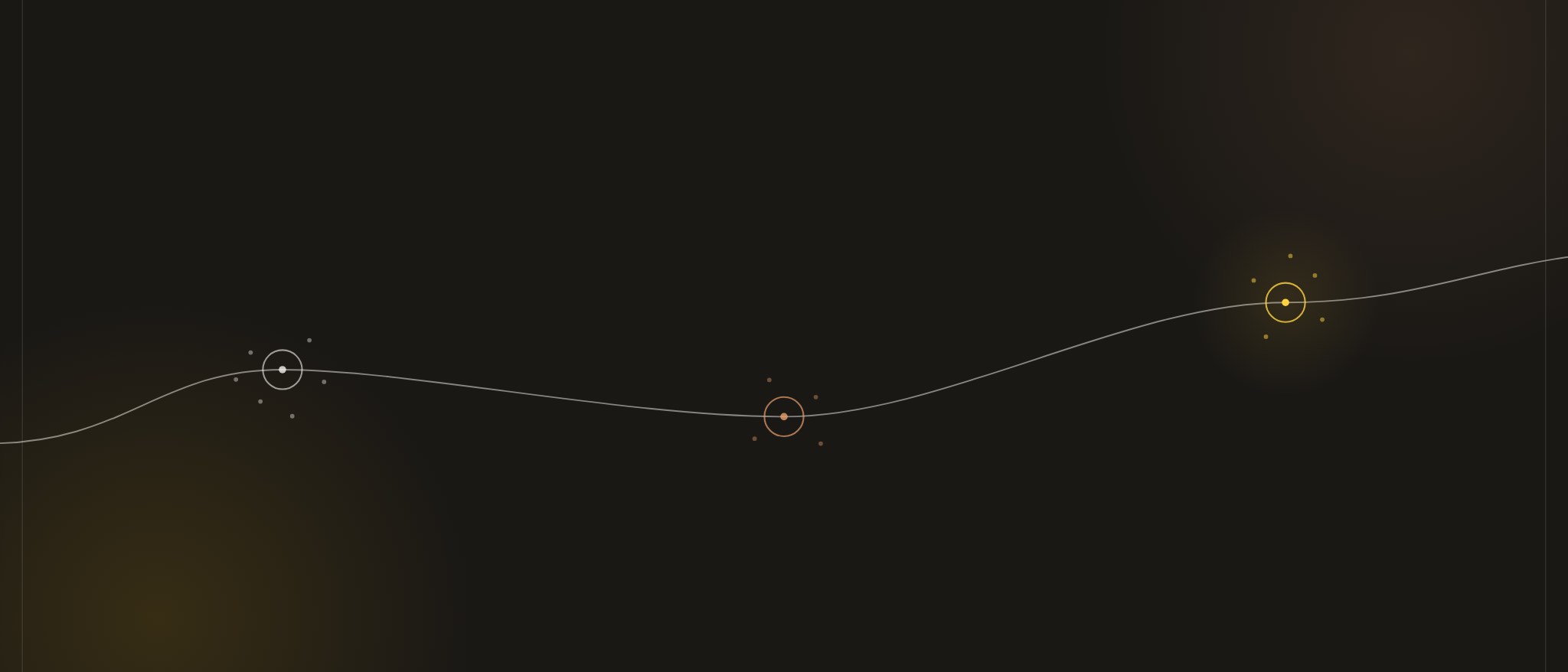 Abstract artwork: a single line travelling through three clusters of dots, one per continent